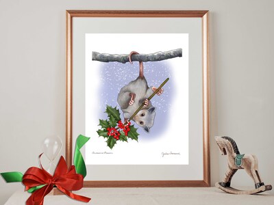 ART PRINT -  AWESOME POSSUM- Whimsical Drawing of a Opossum Holding a Sprig of Holly - Art for the Winter Season - Brighten Any Room for the - image2